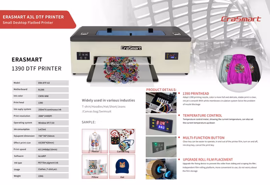 Erasmart Small Desktop Digital Fabric Textile Garment Impresora L1800 A3 Dtf Printer Pet Film Heat Transfer Press Inkjet Tshirt T-Shirt T Shirt Printing Machine